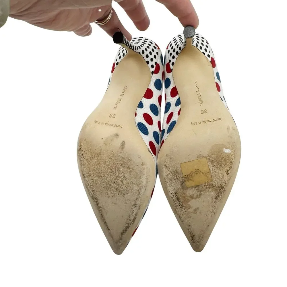 Manolo Blahnik Campari Polka Dot Linen Mary Jane Pumps 36 US 6 Heels Box 105mm